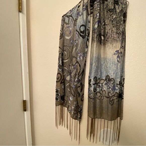 Lightweight blue gray ombre scarf wrap shawl shrug fringe mesh design 19x80 - Picture 1 of 11